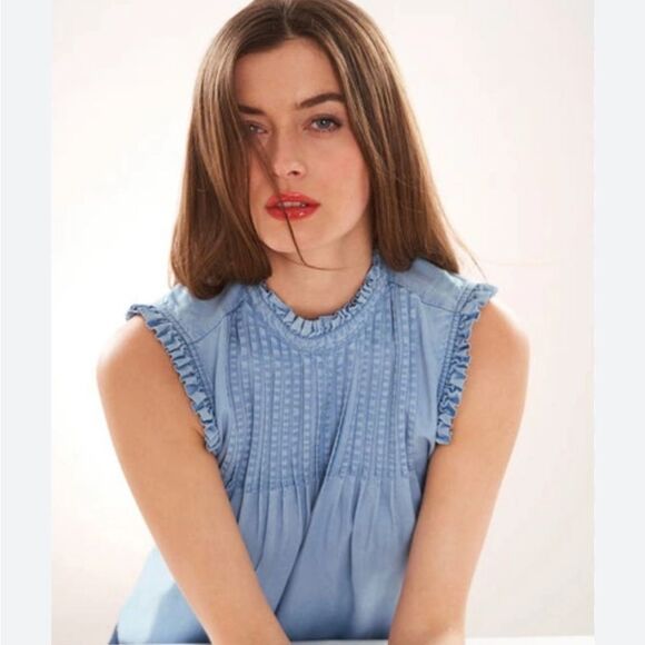 NWT CECE Pintuck Mock Neck Chambray Dennim Blouse Size S - Picture 1 of 6